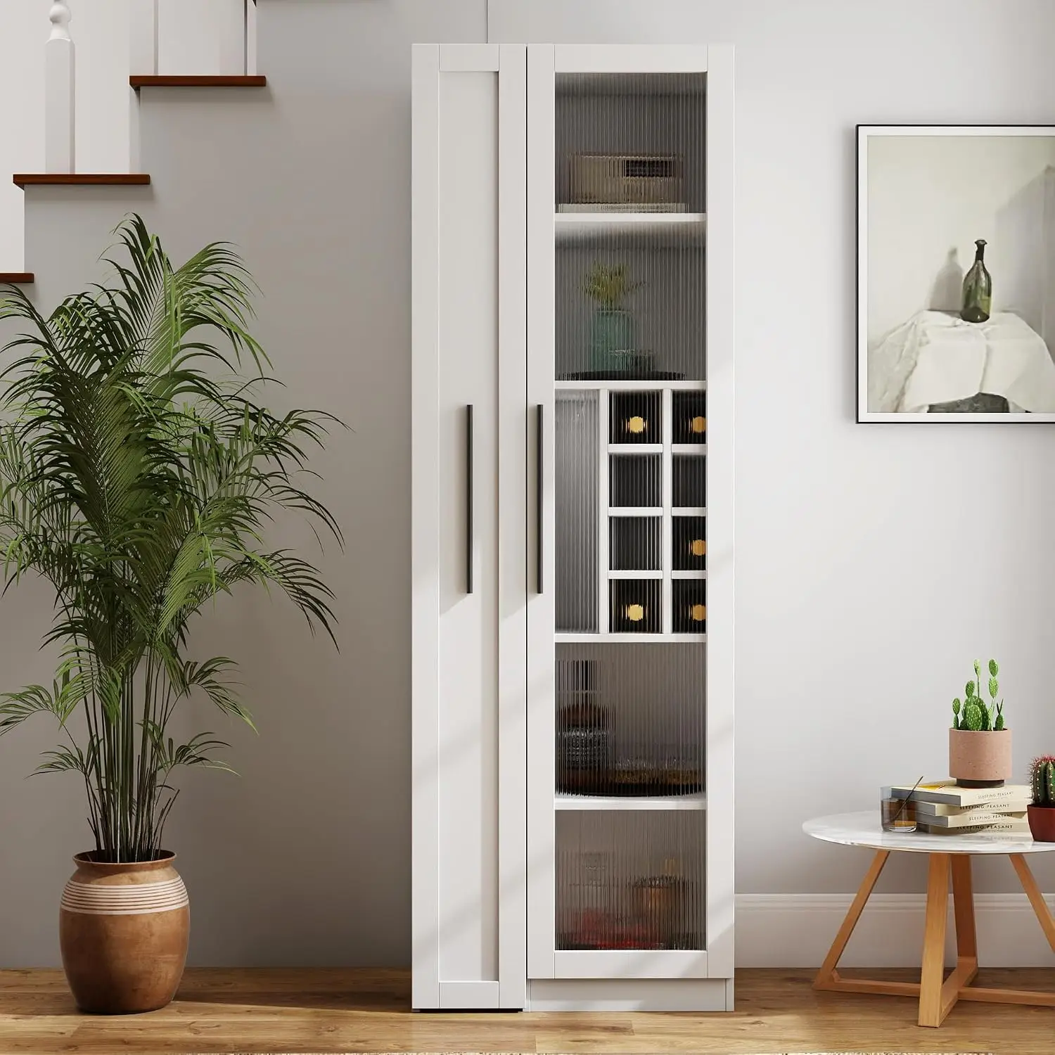 Slim 5-Tier Kitchen Pantry Cabinet, Mobile Pull-Out Storage with Glass Door Wine Rack, Corner Home Bar, White, Customized