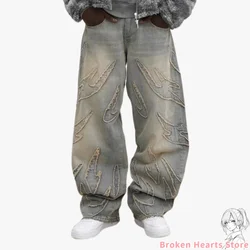 Pantalones vaqueros lavados rasgados con grabado primal pesado para hombre, pantalones Y2k, ropa de calle, pantalones de chándal holgados de retales, pantalones rectos de pierna ancha