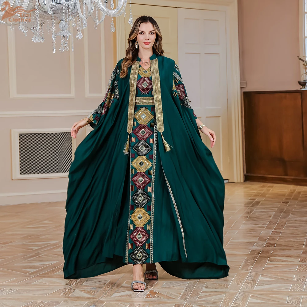 

Uni Ramadan Dubai Luxury Women Abayas Embroidery Two Piece Set Batwing Sleeve Kaftan Belt included Party Dresses