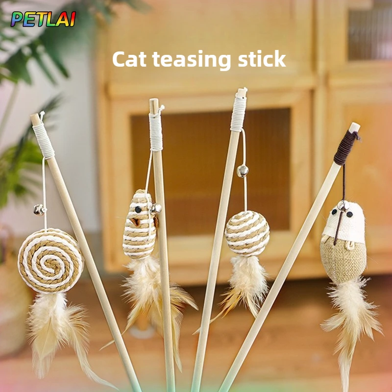 

Cat teasing stick interactive cat teaser log long pole teaser with feather flax braided mouse lollipop ball with bell pet toy
