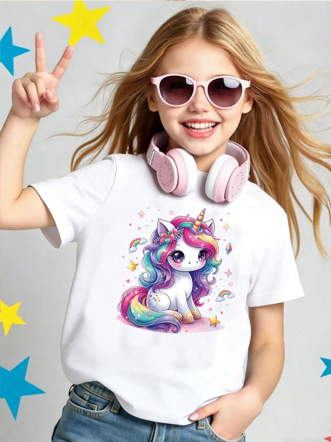 Children's Clothing, Girls' Short-Sleeved T-Shirt with Rainbow Unicorn Print, Suitable for Girls Aged 4-12, Cartoon Top Suitable for Girls Aged 4-12, Spring and Summer Comfortable and Versatile Casual Clothes