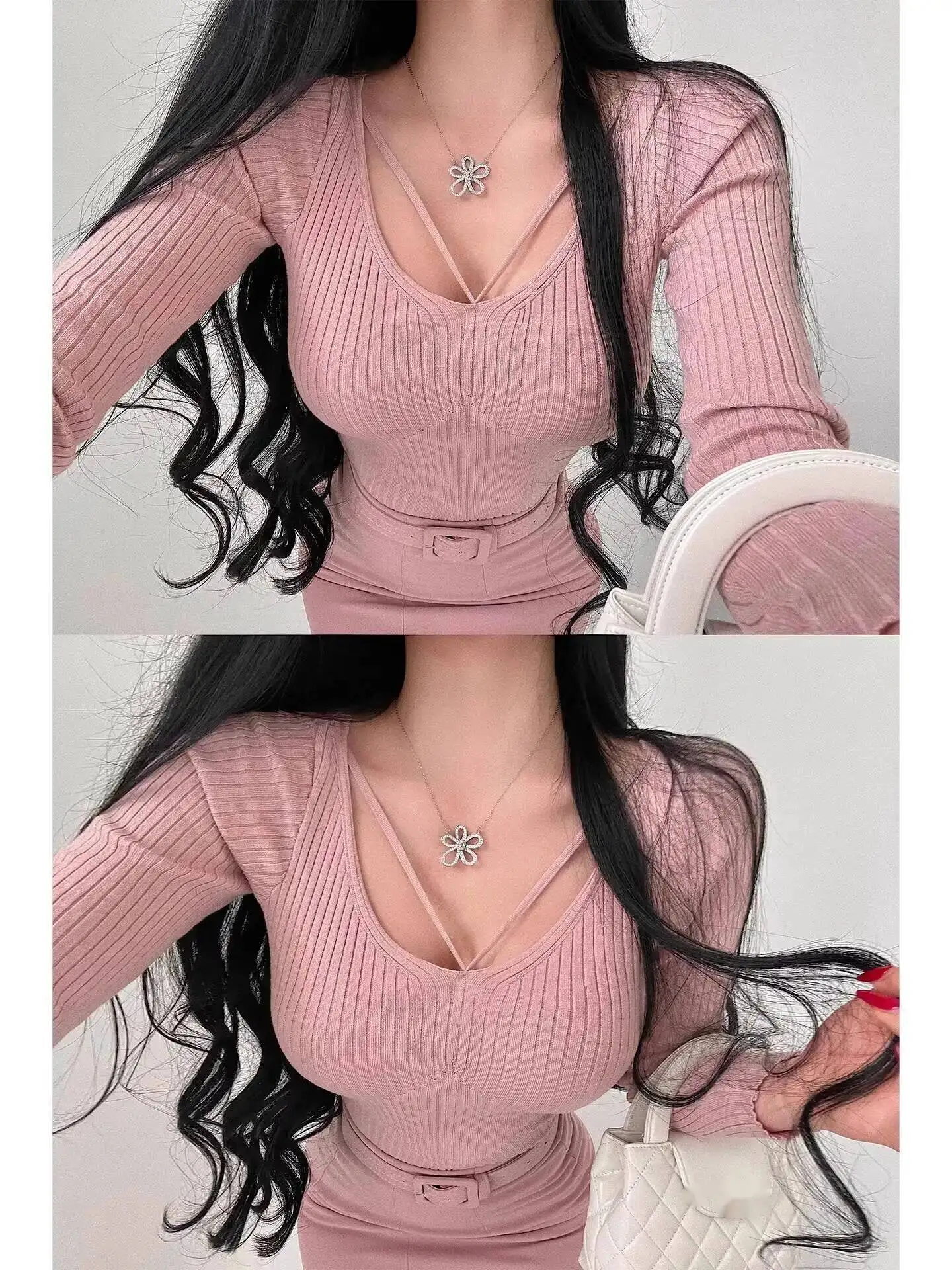 Pure Desire Style Sexy U-Neck Cross Strap Slim Fit Long Sleeve Knitted Base Shirt Top Sweater Fashion Women Tops A7YQ