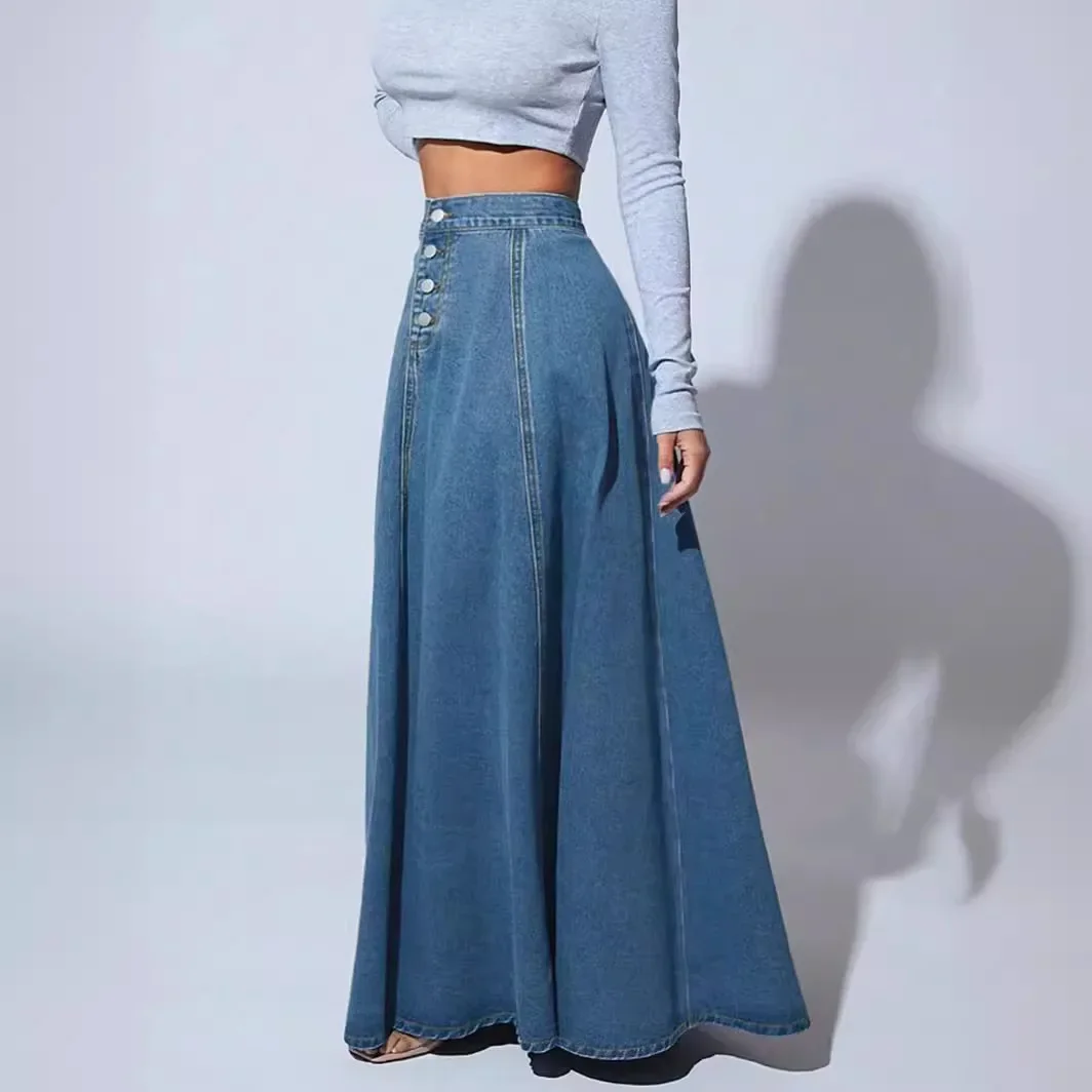 Jupe longue en jean pour femmes, ligne A, simple boutonnage, taille haute, Vintage, Maxi, Simple, décontractée, élégante, épissure, Streetwear Y2k