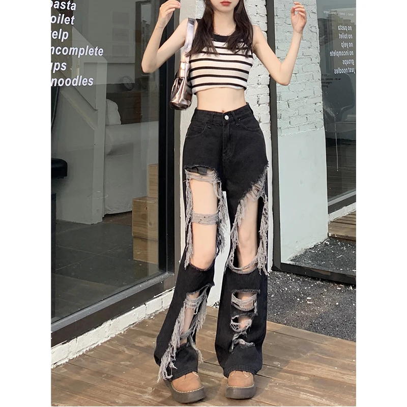 American High Street Jeans Women Button Zipper Pocket Hole Hotsweet High Waist Loose Full Length Straight Wide Leg Denim Pants