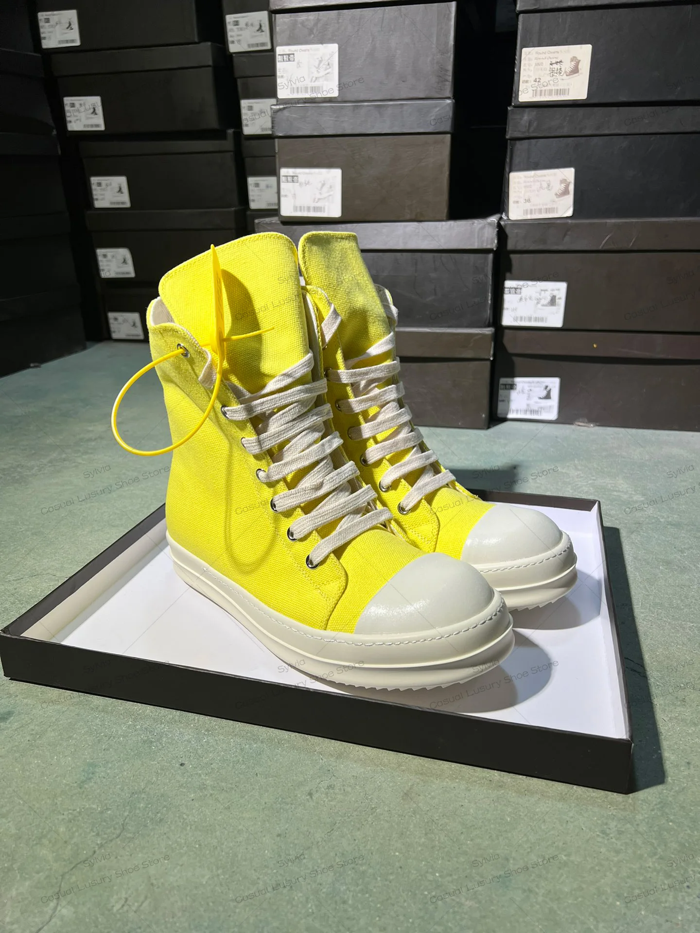 Ricks sapato masculino owens feminino brilhante amarelo exército verde fruta verde lona alta superior sapatos casuais com rendas até zíper owens tênis