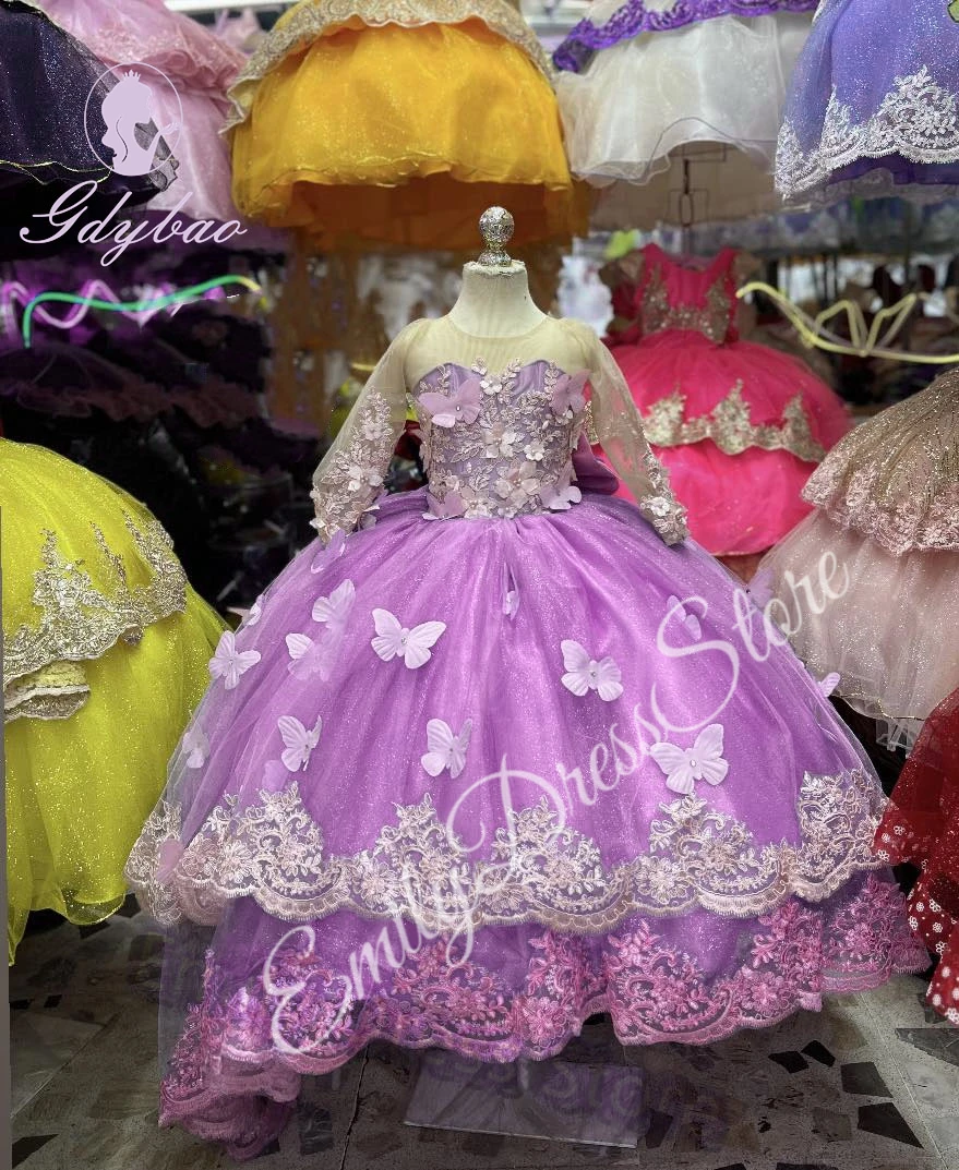 Pink Purple Lace Flower Girl Dress For Wedding Applqique Tulle Puffy With Bow Princess Kids Birthday First Communion Ball Gown