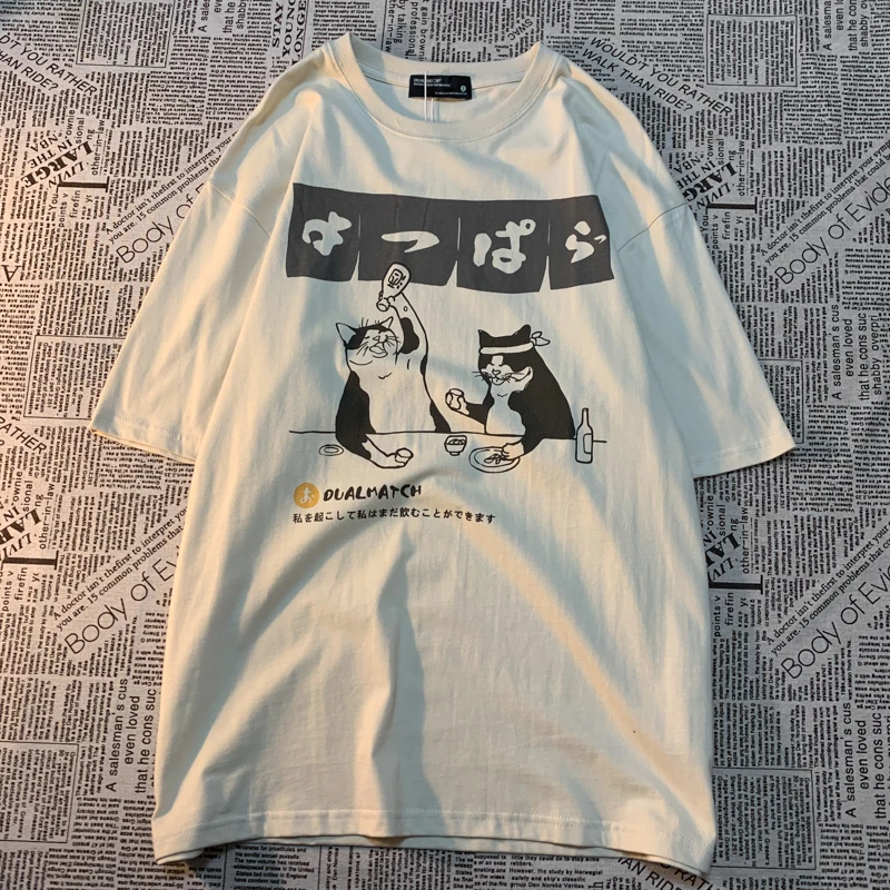 Original Japanese Retro Cat Print Pure Cotton Short Sleeved T-shirt For men\'s women\'s Trendy Street Loose Couple t-shirt