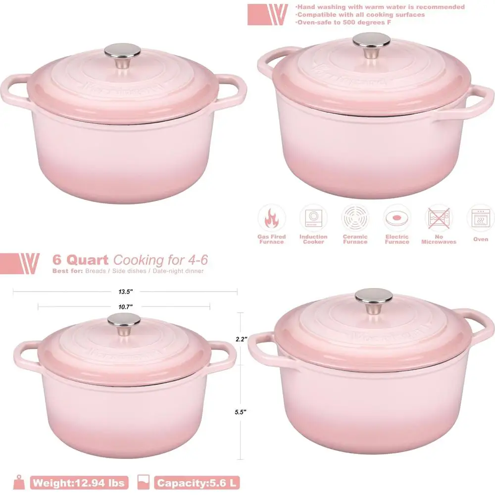 

6-Quart Round Enamel Cast Iron Dutch Oven Pot with Lid for Sourdough Bread Baking, Perfect for Baking and Roasting, Pink