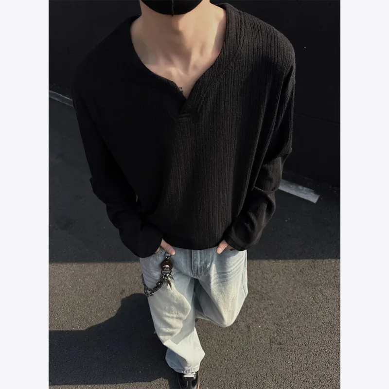 Spring Long Sleeved T-shirt Men Fashion Casual Pleated T Shirt Men Streetwear Korean Loose Round Neck T Shirt Mens Top M-3XL