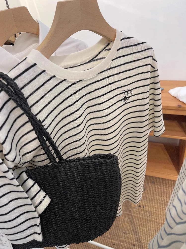 

Свободная женская футболка в корейском стиле с вышивкой, бамбуковая полоска, круглый вырез, летняя, хлопковая