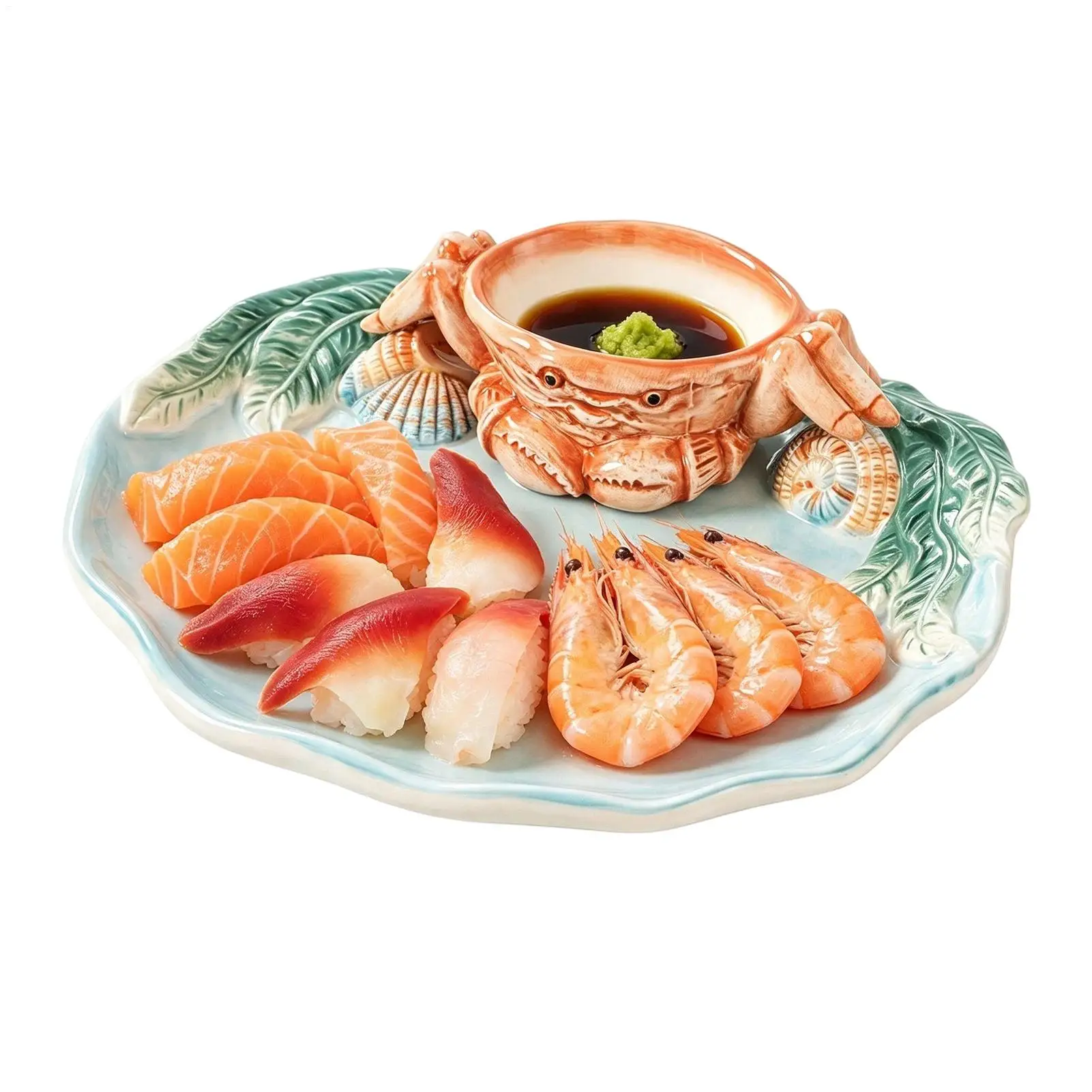 Ceramic Platter with Crab Shape Dipping Bowl 12.2 Inch Dessert Platter Charcuterie Tray for Beach Party Dinner Dessert Appetizer