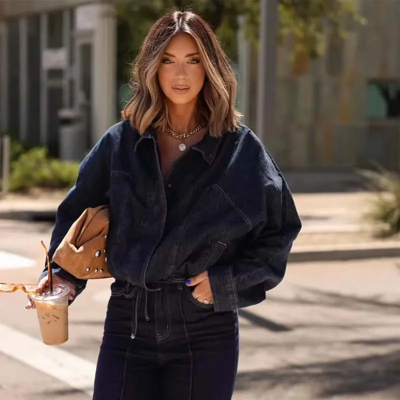 

YENKYE European And American Style Women Batwing Sleeve Denim Jacket Adjustable Elastic Hem With Drawstrings Loose Autumn Coat