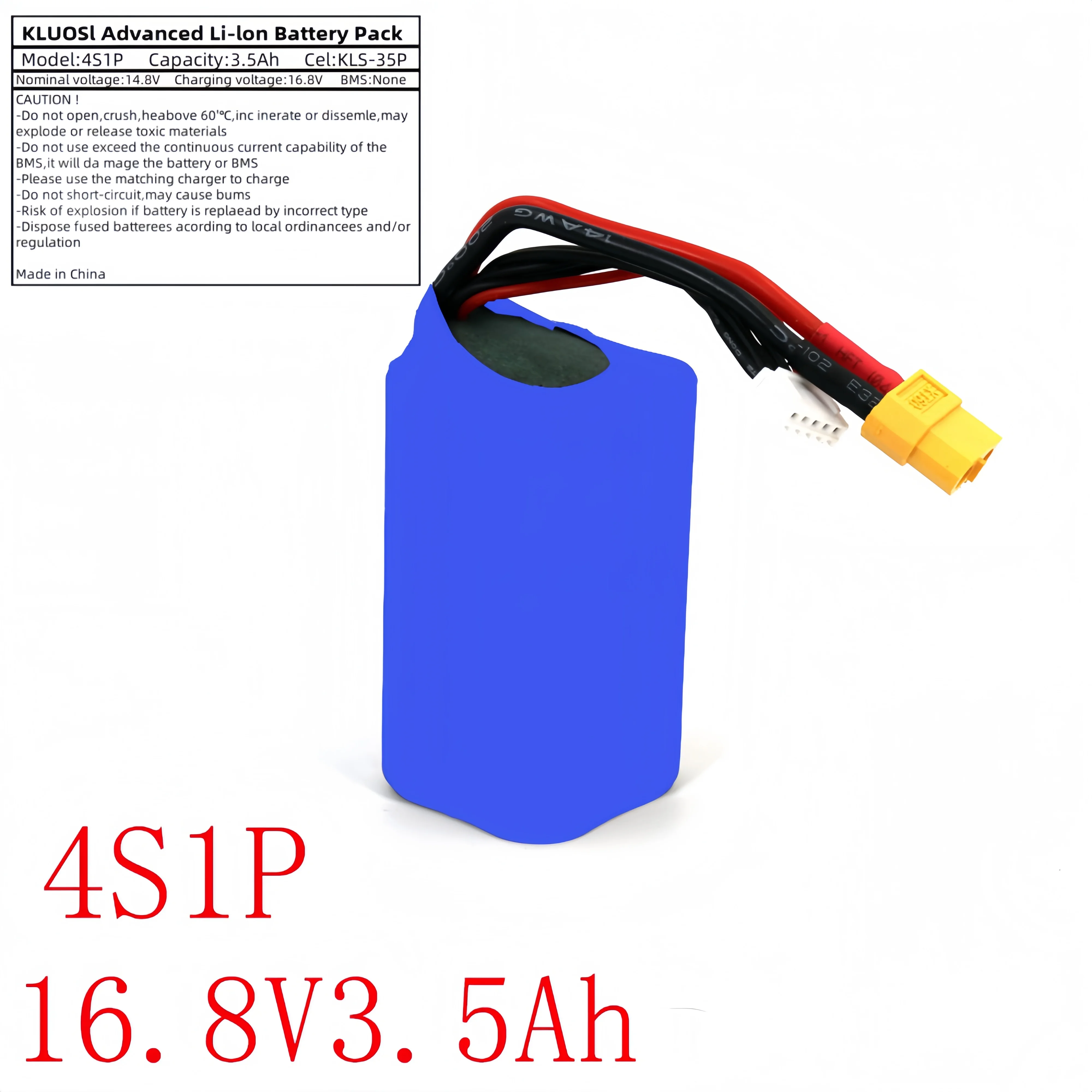 

Kluosi 16.8V 3.5Ah 4S1P Li-ion Battery Replacement for RC Airplanes Quadrotors - UAV Li-Po Battery with XH2.54-5P XT60 Connector