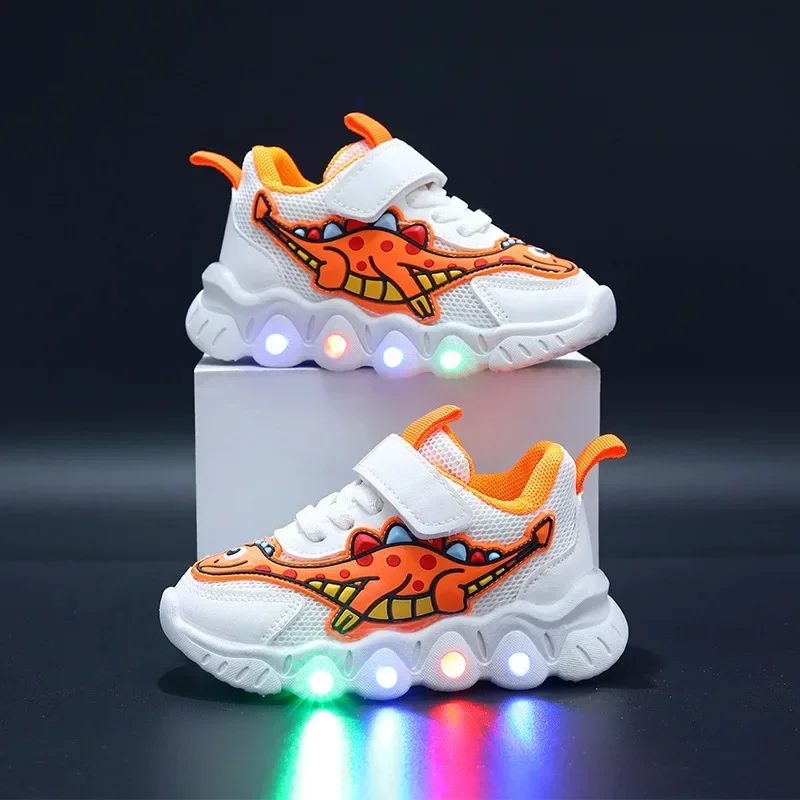 Zapatillas-Chaussures de dessin animé LED pour enfants, dinosaure, garçon, rencontre décontractée, maille respirante, chaussures de tennis éclairées