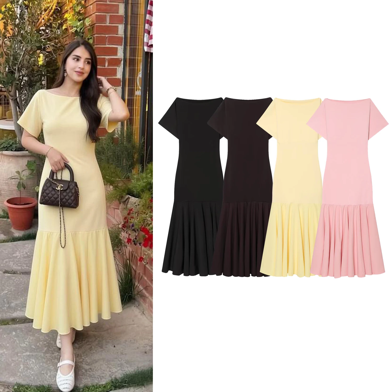 

Women's Casual chic Slim Dress summer female Vintage Boat Collar Short Sleeve Long Dress Women's Elegant Splicing Pleated Dress