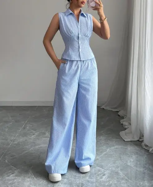 

Women's Two-Piece Set Summer 2025 Elegant Temperament Button Vest Striped Pants Street Fashion Retro Casual Pants Set