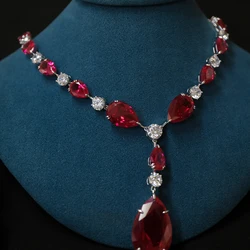 KQDANCE Real 925 Silver Large Pear Cut Lab Emerlad Ruby Red Yellow High Carbon Diamond Tennis Chain Necklace Luxury Fine Jewelry