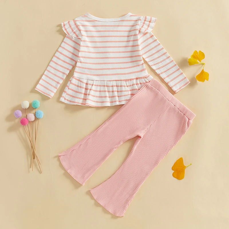 

Toddler Girls Ruffled Set Long Sleeve Round Neck Striped Tops Flare Pants 2-Piece Ribbed Fall Outfits