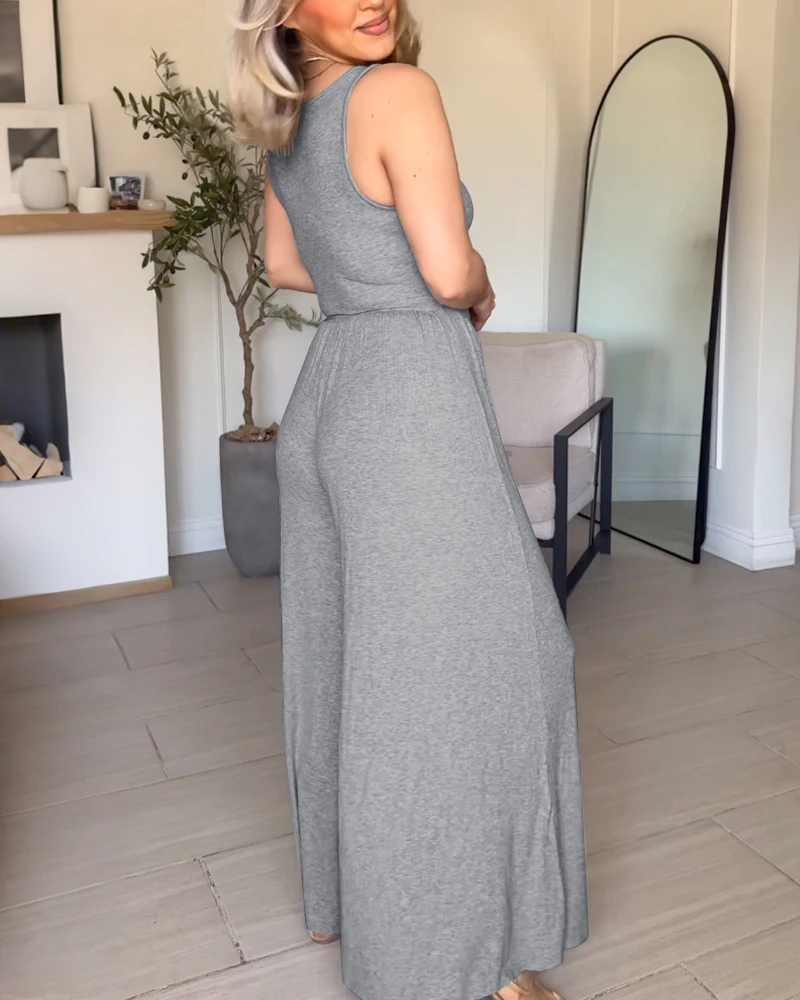 Sleeveless Round Neck High Waisted Slim Fit Ribbed Jumpsuit, Elegant Pleated Wide Leg Jumpsuit, Women's Summer Casual Jumpsuit