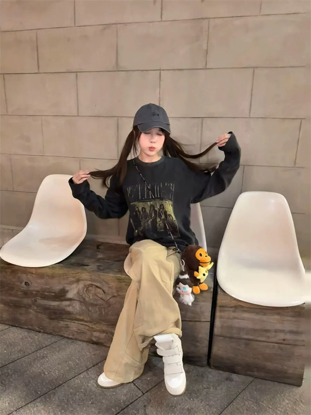 Washed Long Sleeve American Style Portrait Print Waffle Pattern Women's T-shirt Loose Casual Vintage Top for Autumn