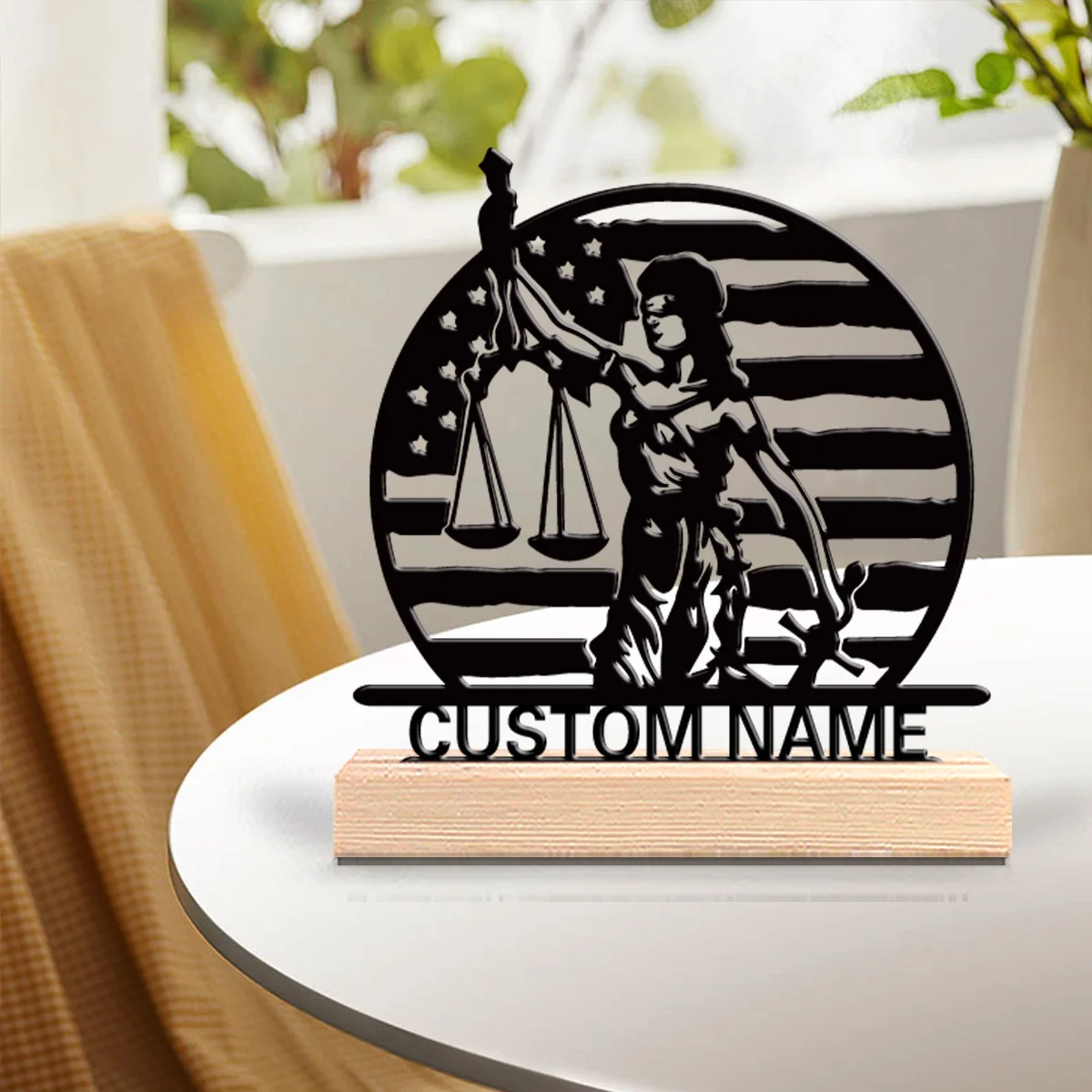 1pc Judge symbol Personalized Name Tin Statue Metal Figurine With Wood Base Tin Ornament With Wood Base For Bedroom Desk Decor