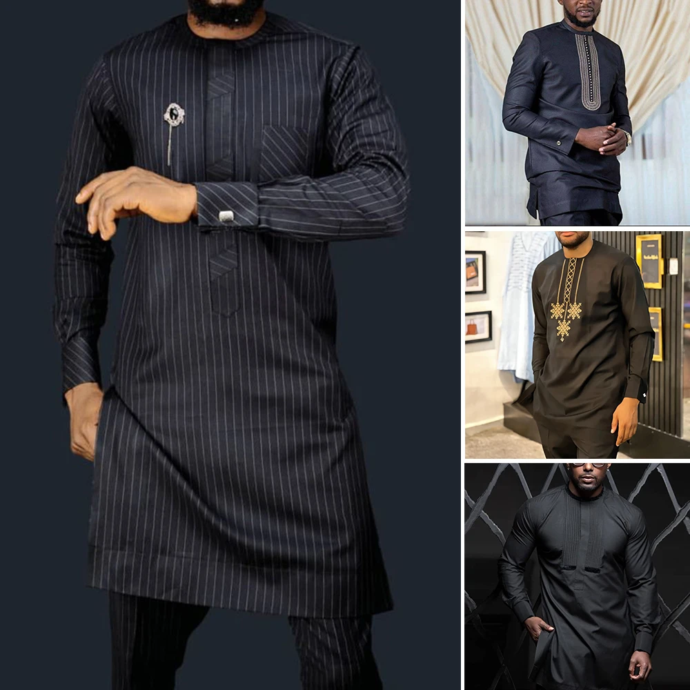 Vêtements africains à manches longues pour hommes, tenue de caftan, haut ethnique élégant, pantalon à rayures, vêtements de mariage de luxe pour