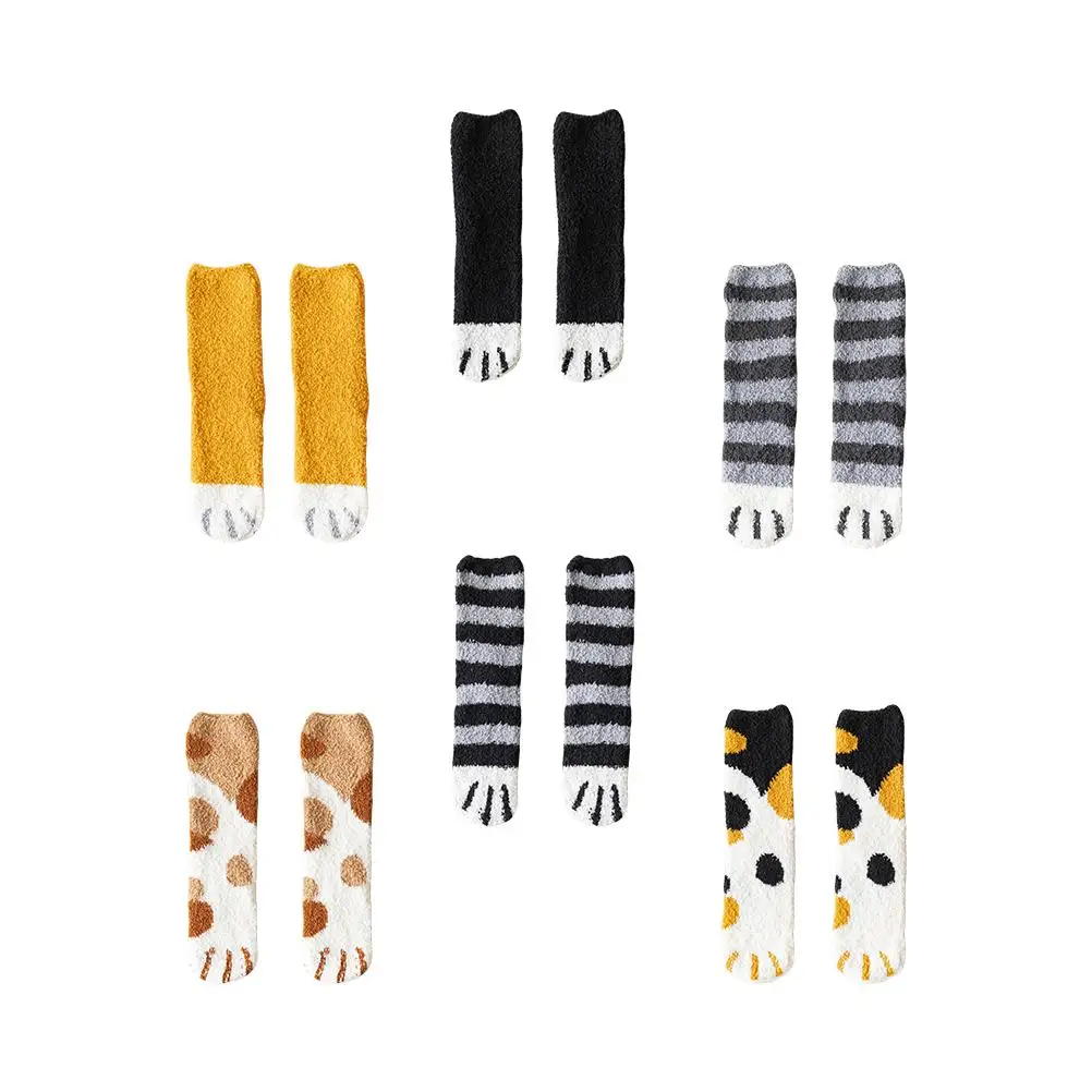 

6 Pairs Warm Fuzzy Floor Socks Cat Claw Coral Fleece Non Slip Cozy Sleeping Girls Baby Thicken Stockings Home Use