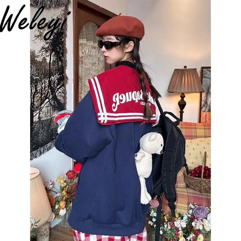 

American Style Three Dimensional Bear Hoodies Women's 2024 Autumn and Winter Sweet College Style Navy Collar Loose Pullover Tops