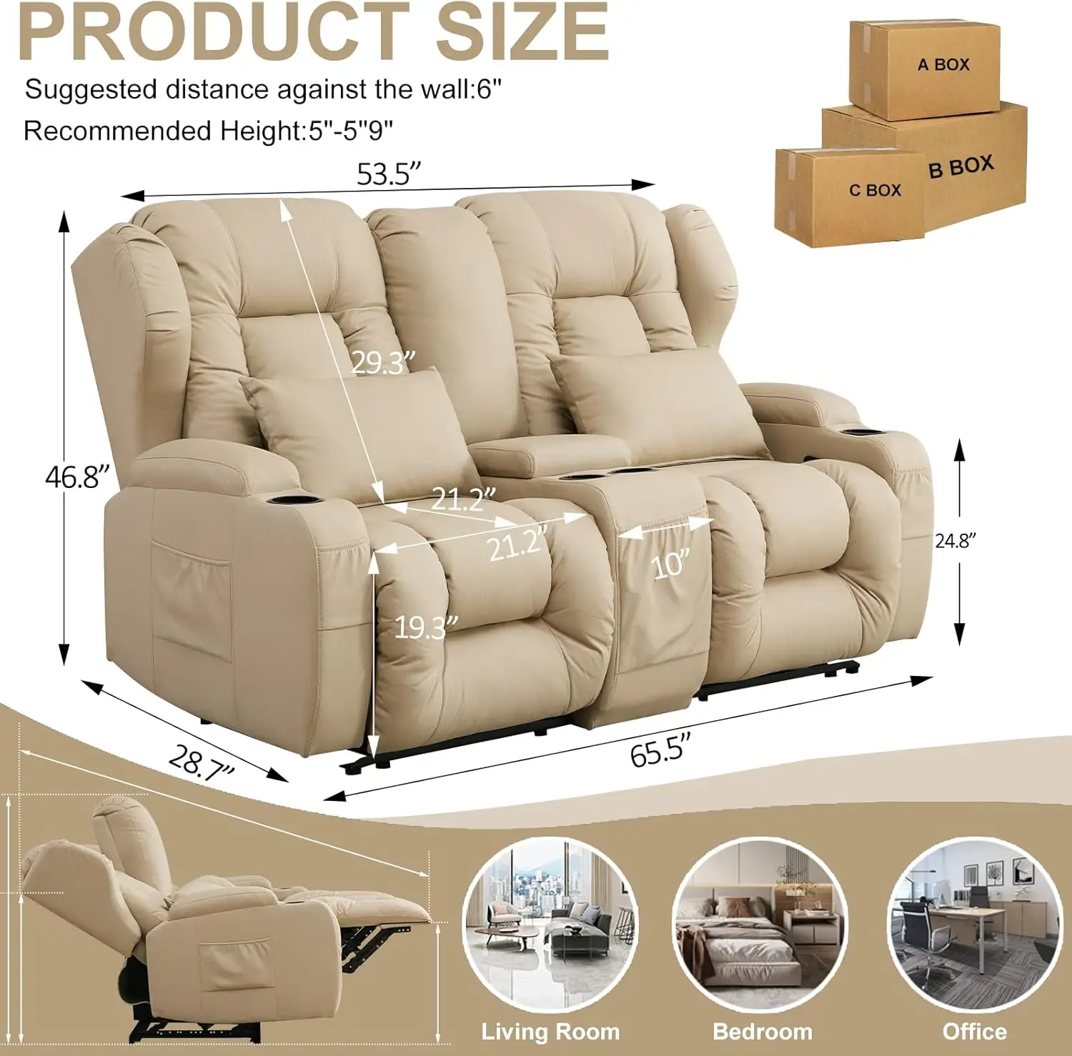 65.5" RV Loveseat Recliner Double Recliner RV Sofa i konsola |   Hugger ścienny rozkładany RV |   Fotele do kina RV |   Kanapa RV