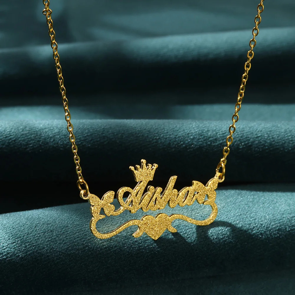 Colar personalizado coroa nome fosco para mulheres, aço inoxidável borboleta fita colar, presente personalizado da jóia, cor do ouro