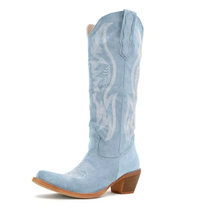 

Women Cowboy Boots Mid Calf Cowgirl Western Boots Embroidered Suede Pull On Almond Toe Chunky Heel