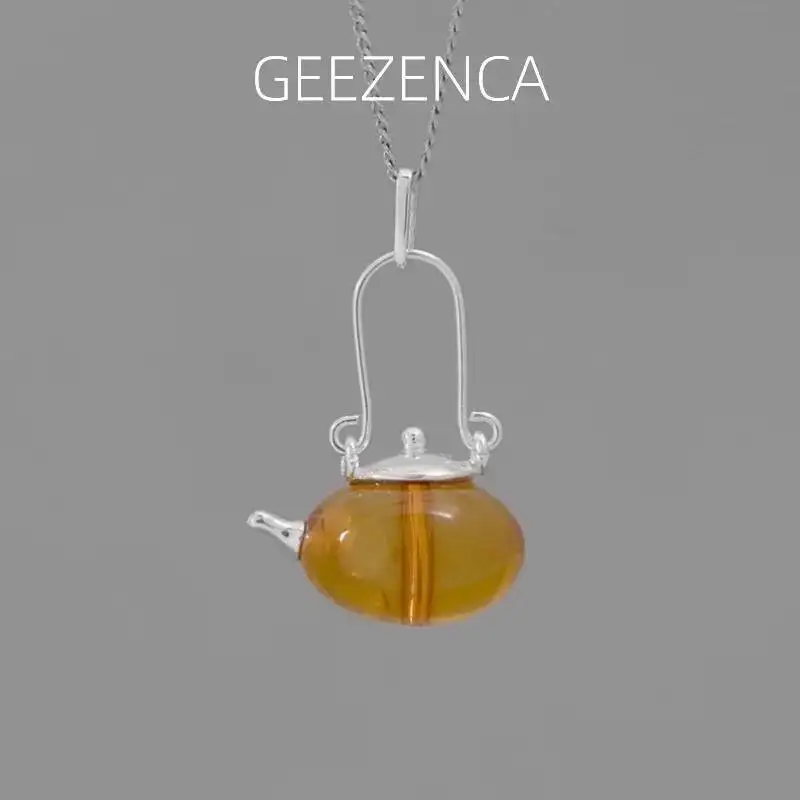 

GEEZENCA Natural Amber 925 Silver Teapot Shape Pendant For Women Unique Design Trendy Necklace Pendants Without Chain Party Gift