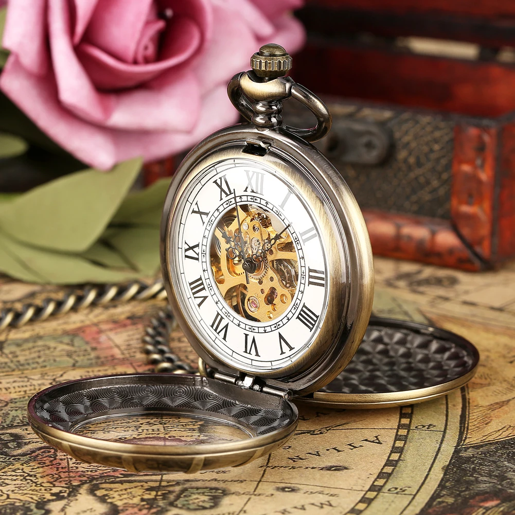 Double Sides Cover Bronze Mechanical Pocket Watch Classic Black Pointer Roman Numerals  Hand Winding Antique Timepiece Gift Male