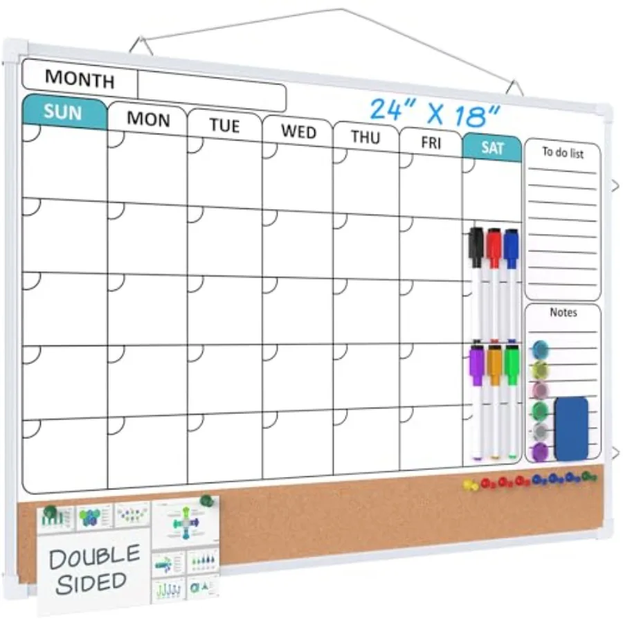 

Monthly Calendar Whiteboard for Wall, 24" x 18" Double-Sided White Board Calendar with Bulletin Board, Dry Erase Cork Board Com