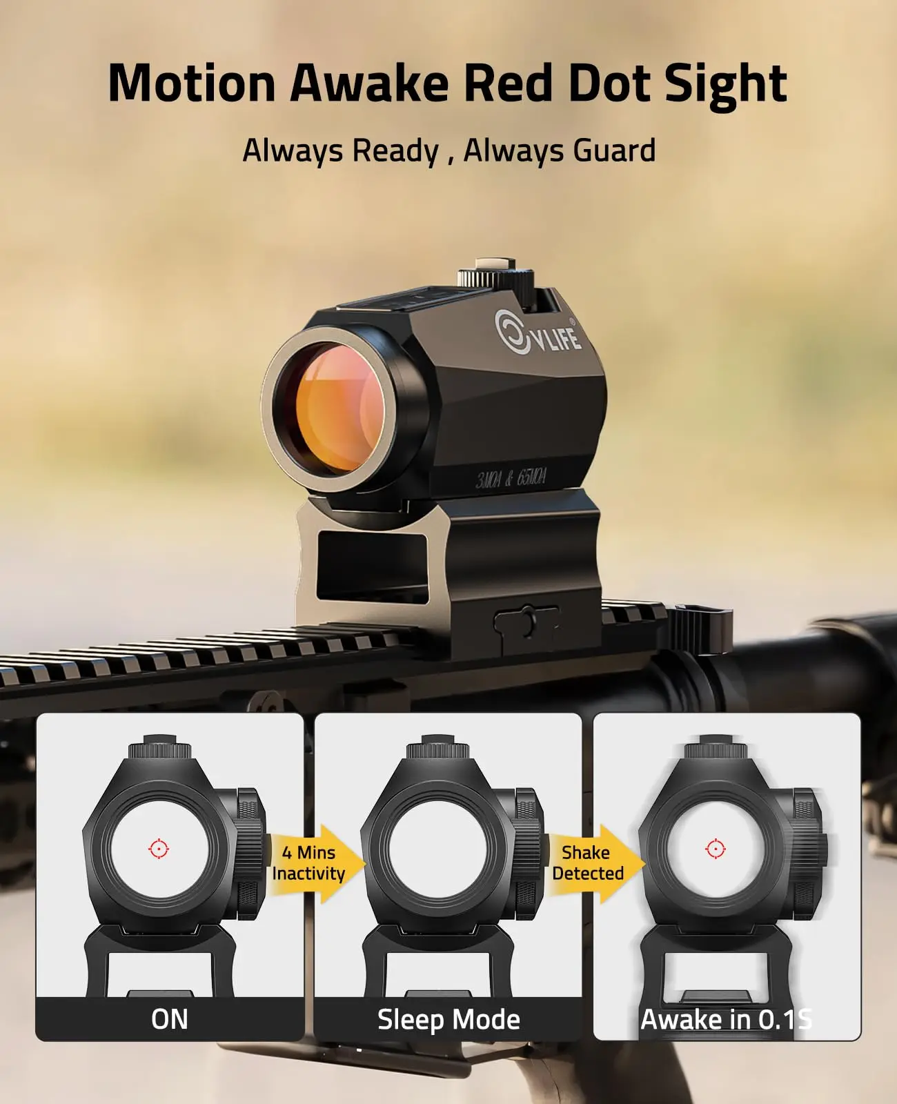 

Multiple Reticle Red Dot Sight 1x20mm Motion Awake Dot & Circle IPX7 Waterproof Fogproof 50000H Runtime for 21mm Picatinny