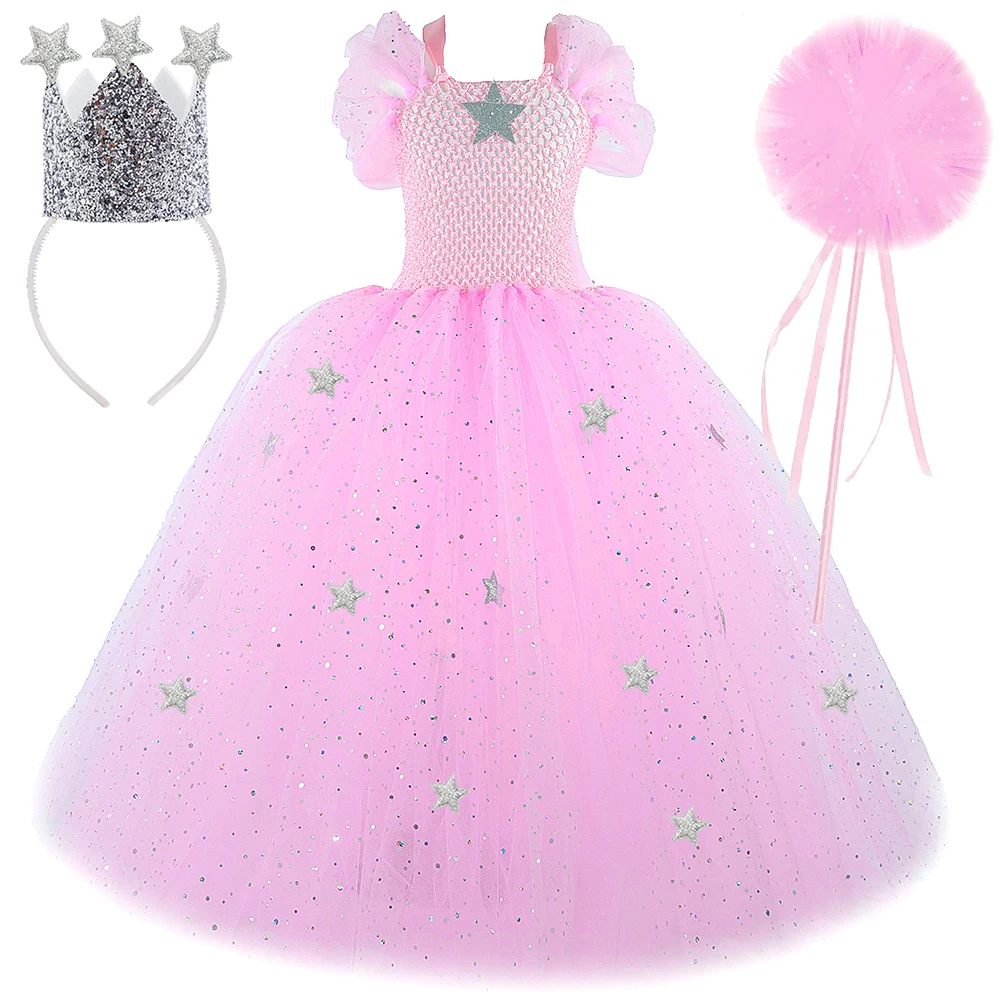 Sparkly Pink Glinda Witch Costumes for Girls Halloween Long Tutu Dress with Silver Stars Puff Sleeves Princess Ball Gown Outfit