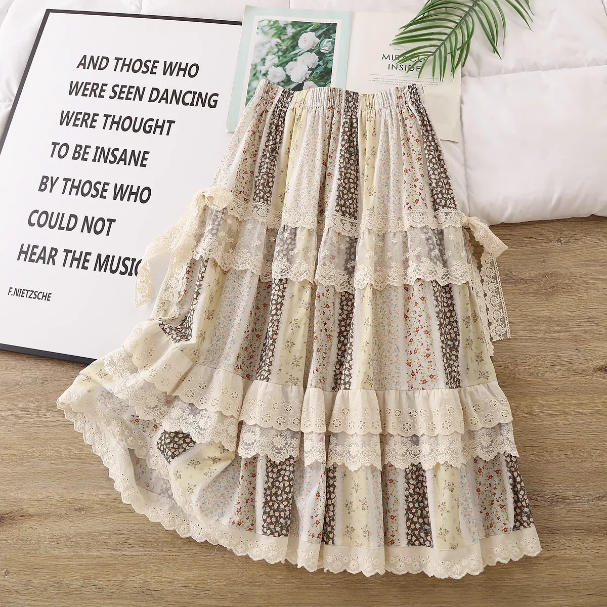 2025 boêmio rendas retalhos impressão saias para mulheres primavera japão boho doce algodão impresso midi saias boho roupas