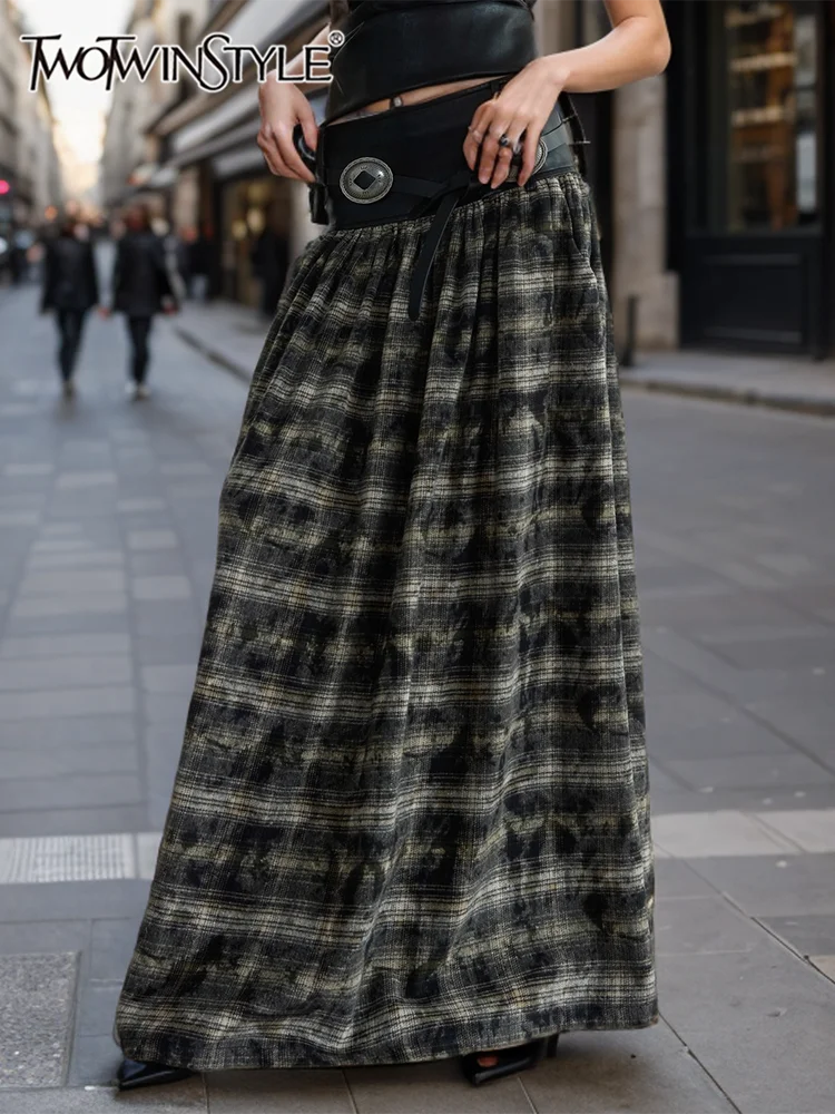 

TWOTWINSTYLE Colorblock Plaid Vintage Skirt For Women High Waist Spliced Belt Loose Casual Temperament A Line Skirts Female New