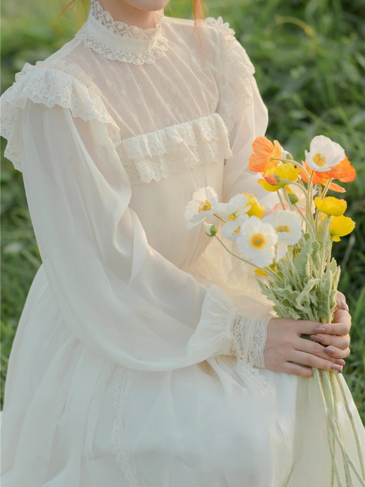 

Spring Autumn Sweet Fairy Midi Dress Women Cottage Style Romantic Lace Ruffles Chiffon Princess Dress Chic Elegant Party Dresses