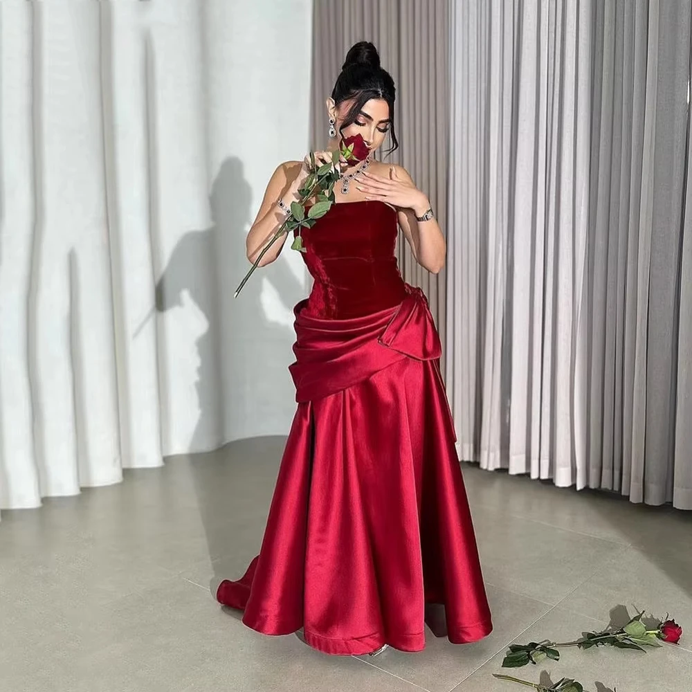 

Red Velvet Prom Gown Strapless Mermaid Slim Evening Dresses Celebrity Saudi Arabic Luxury Satin Formal Occasion Dress Customized