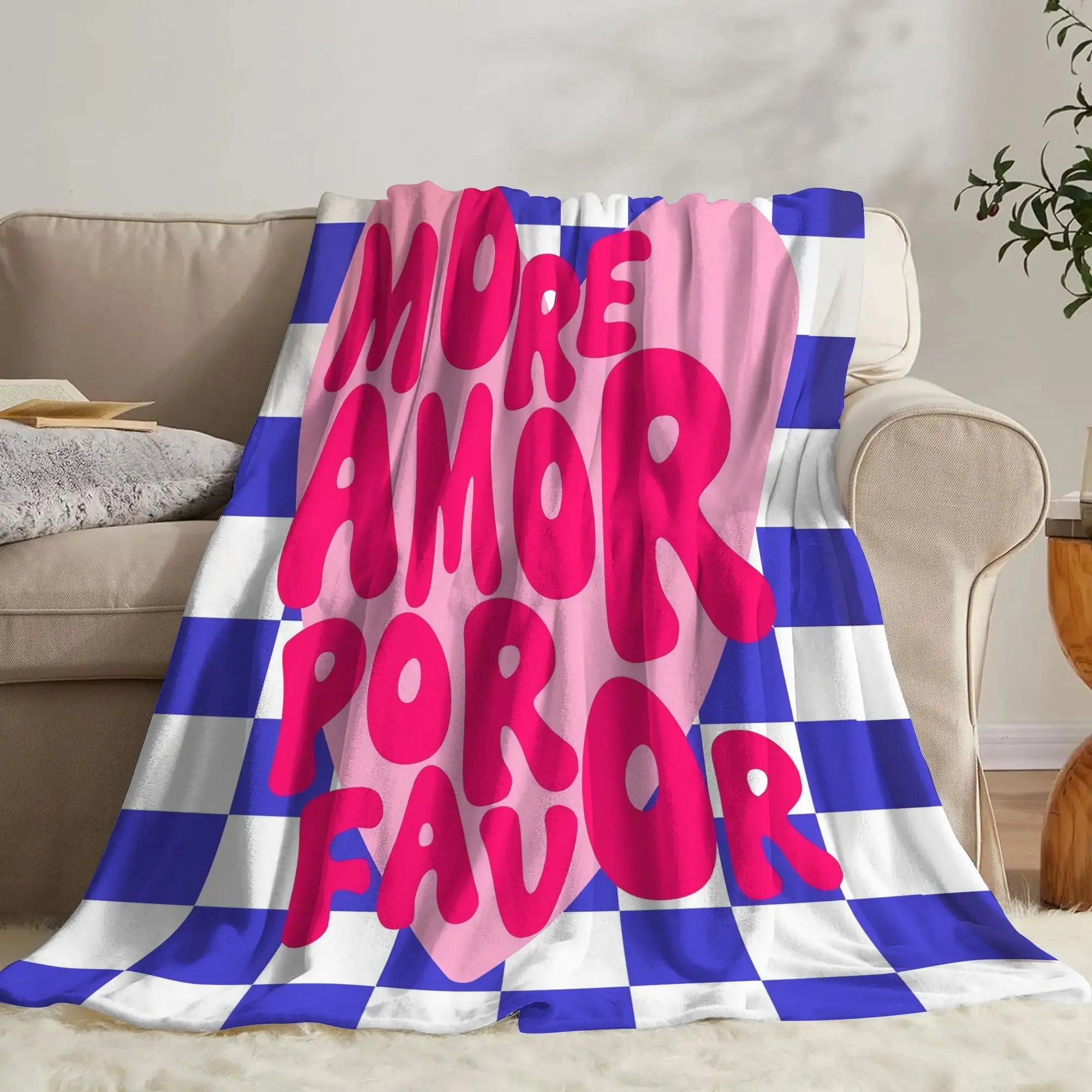 Blue White Checkered MORE AMOR POR FAVOR Print Flannel Throw Blanket, All-Season Home Sofa Nap Warm Skin-Friendly Small Blanket
