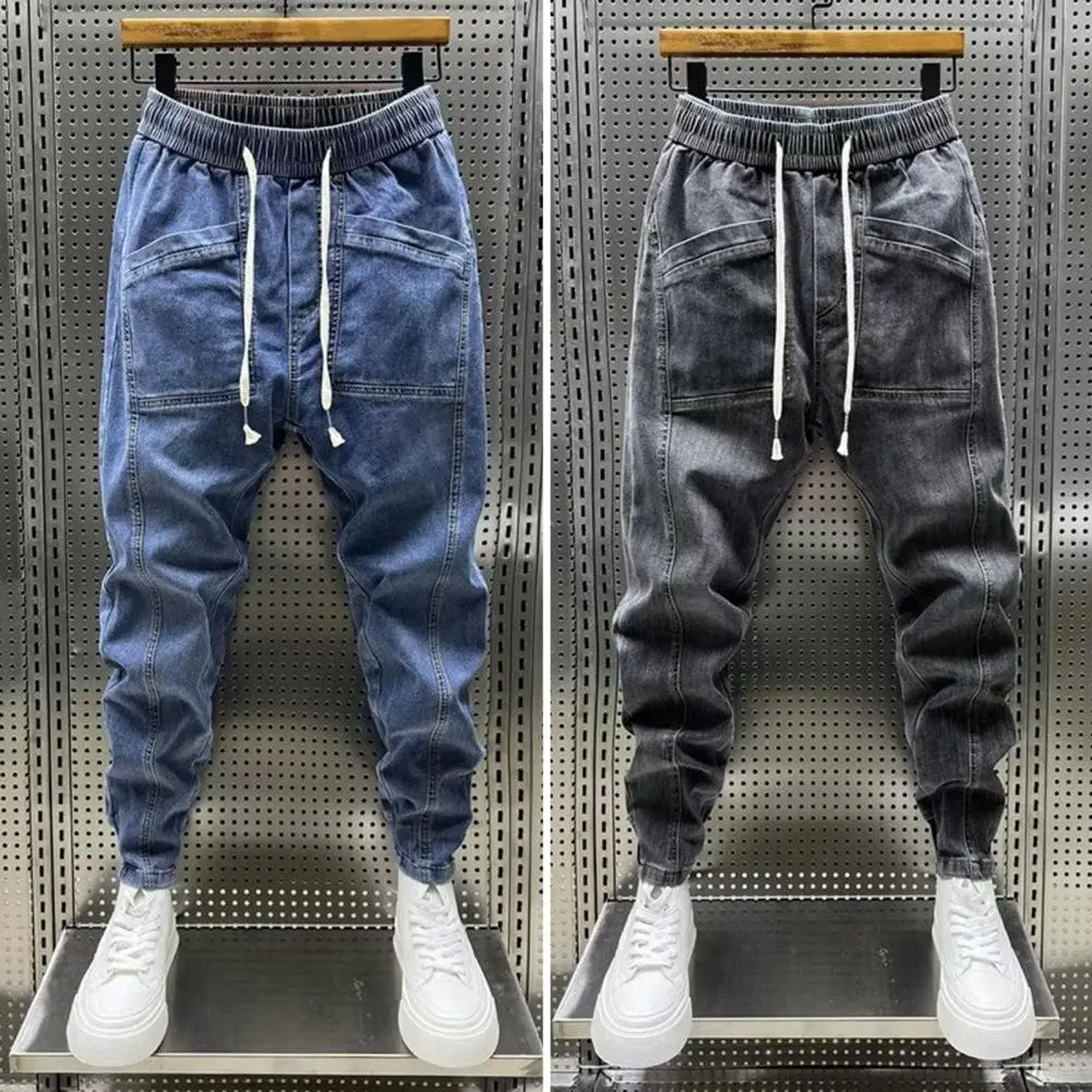 

Men Solid Color Jeans Men's Elastic Drawstring Waist Denim Cargo Pants with Pockets Solid Color Harem Trousers for Spring Autumn