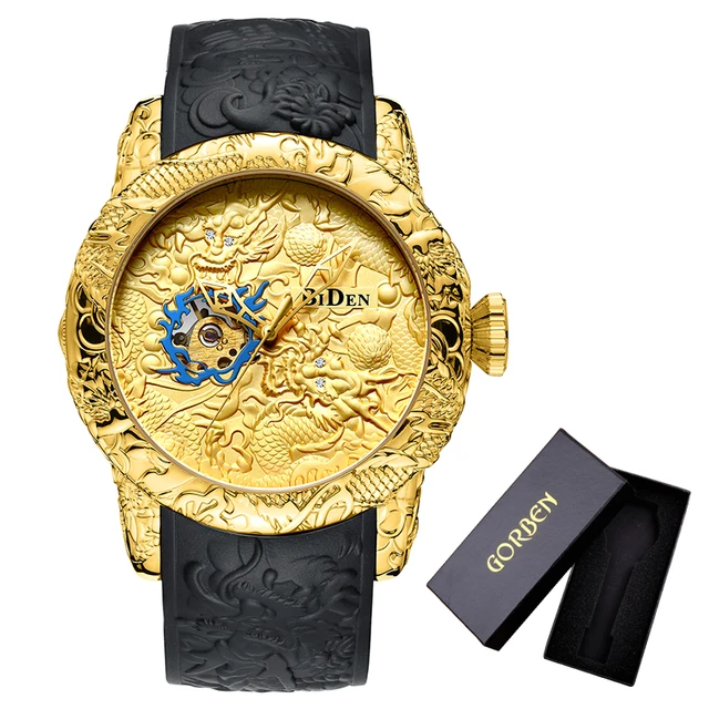 Otomatik mekanik zle alt n ejderha heykel erkekler kol su gecirmez silikon kay erkek serin Hip Hop saat Relojes Hombre AliExpress
