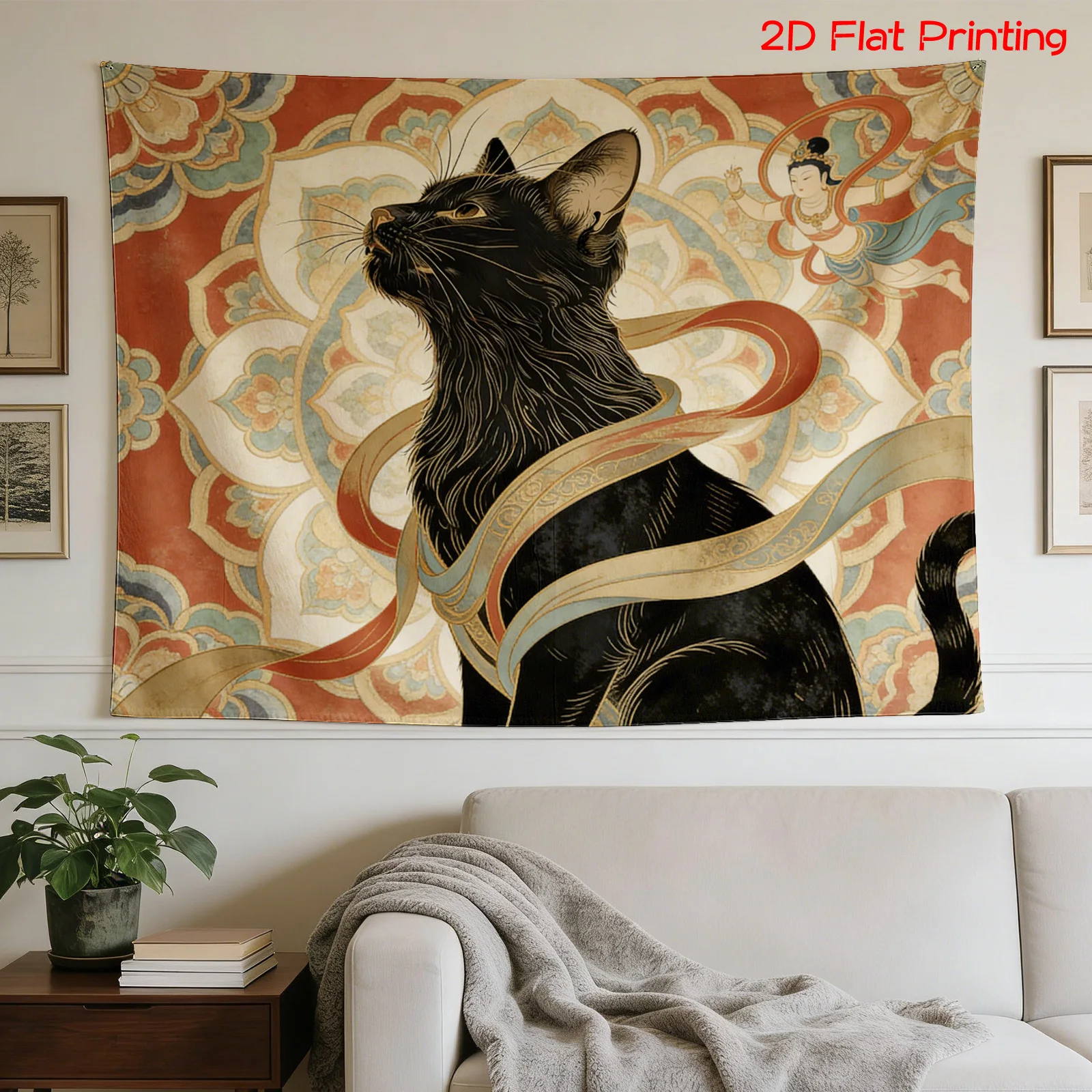 Elegant Black Cat Mandala Tapestry Boho Wall Hanging Asian Oriental Art Style Polyester Decorative Nursery Decor Poster Print