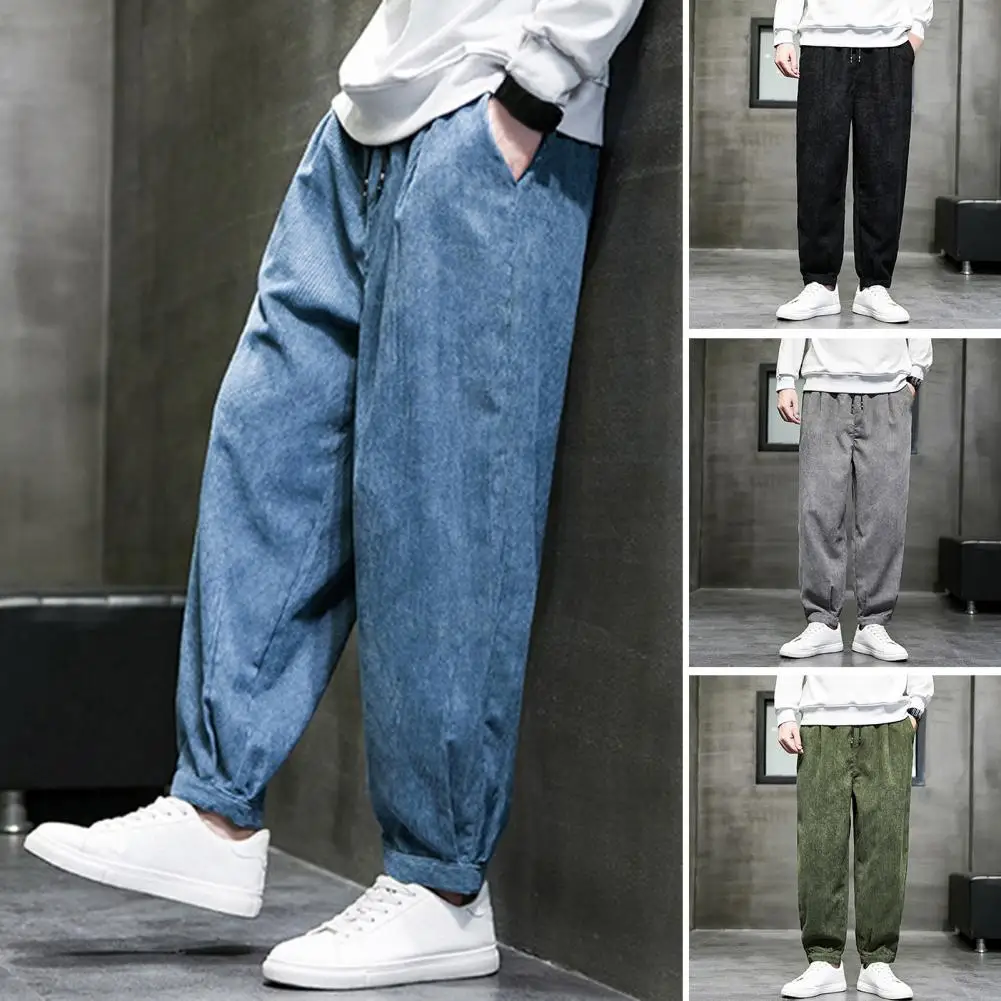 Men Harem Pants Elastic Waist Loose Solid Color Deep Crotch Corduroy Warm Drawstring Plus Size Soft Men Pants for Daily Wear