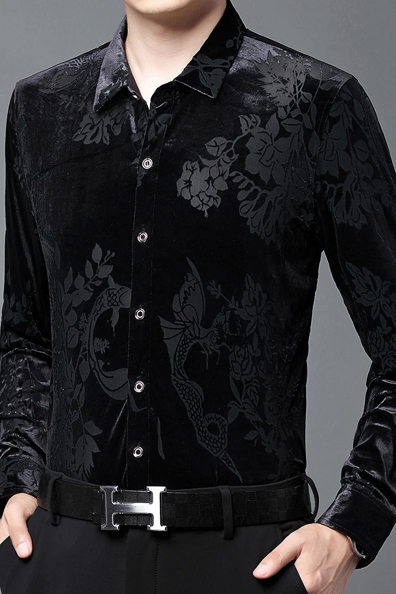 Summer and autumn gentleman casual hollow lace slim shirt men's long sleeve high quality velvet soft and comfortable silky shirt