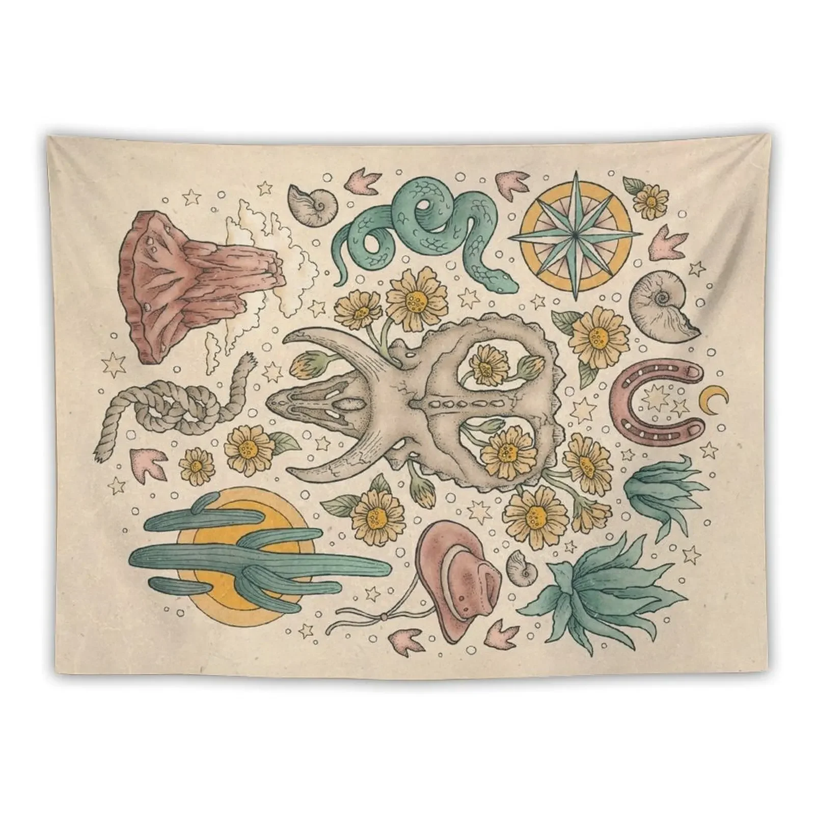 The Desert Sunflowers | Dinosaur Southwest Adventure Art | Natural History Explorer Tapestry Wall Tapestries Tapestry