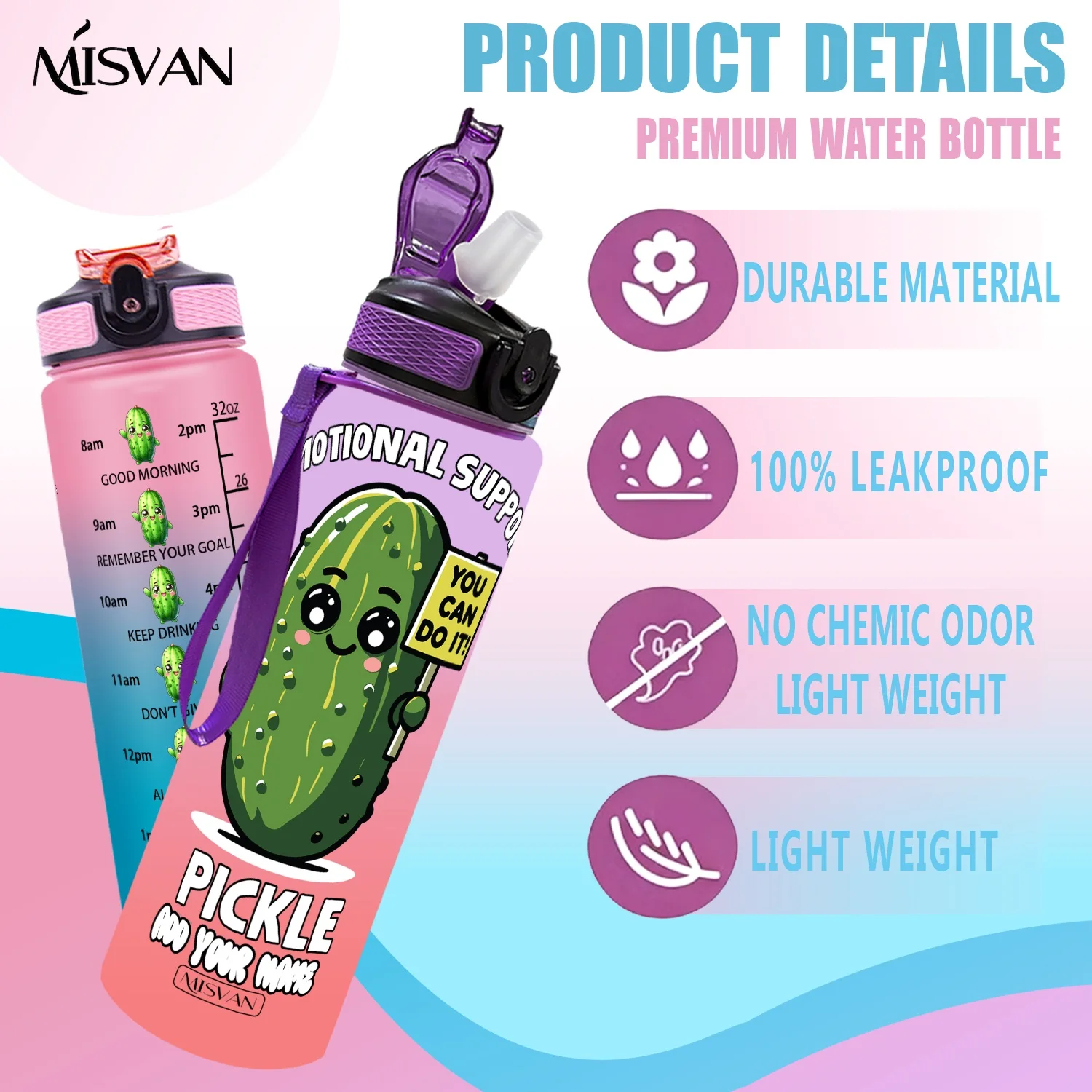 a1PC、カスタマイズ名入り32オンスウォーターボトル、キュートなピクルス感情サポートプリント、毎日の水分補給を促す、ジム、アウトドアサイクリング用