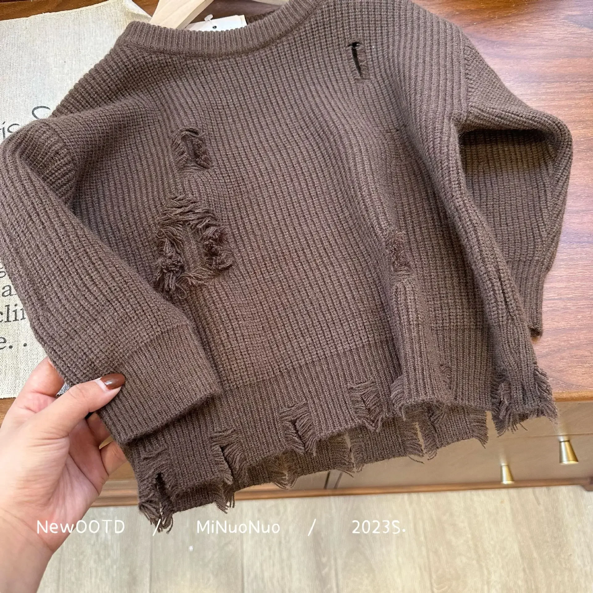 Sweaters Autumn Season New Sweater Korean Childrens Clothing Irregular Hole Fashionable Versatile Pullover Solid Knitting