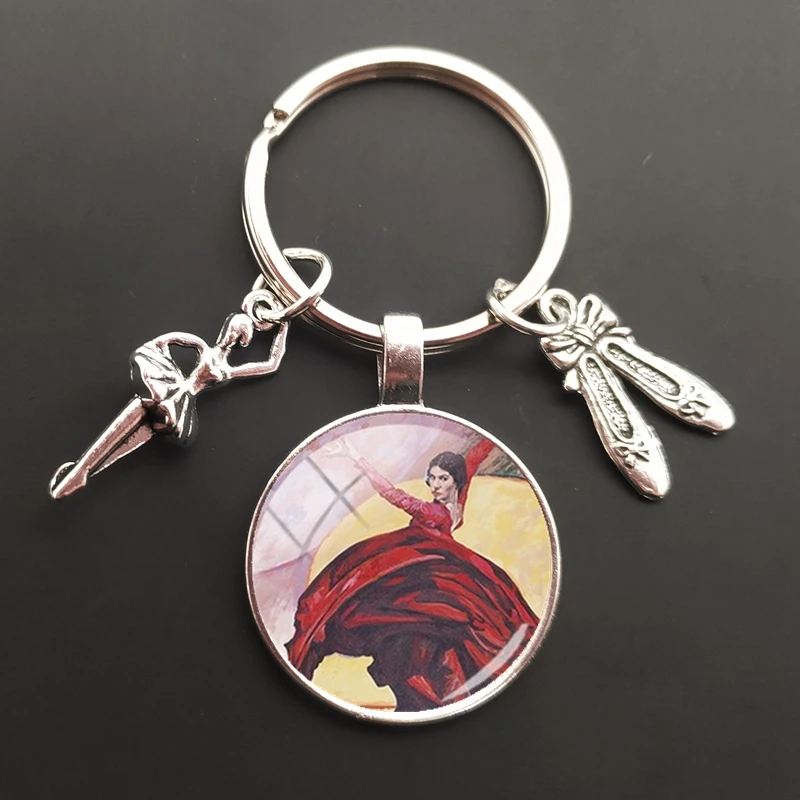 Dancing Girl Ballet gymnastics actions Round glass cabochon keychain Bag Car key chain Ring Holder Charms keychains for gift